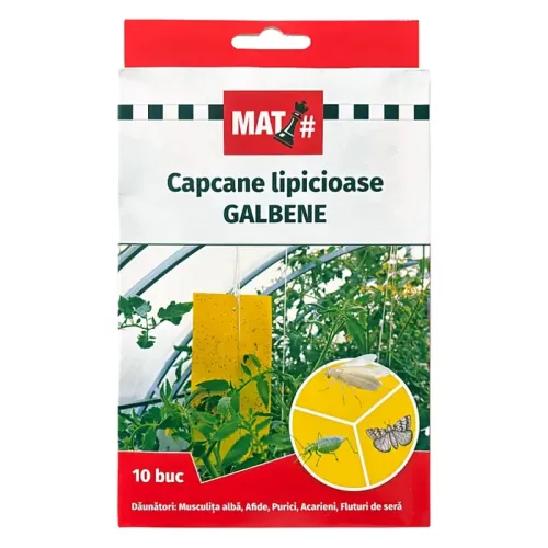 Capcane lipicioase galbene MAT - set 10 placi, Musculita alba, Afide, Purici, Ac